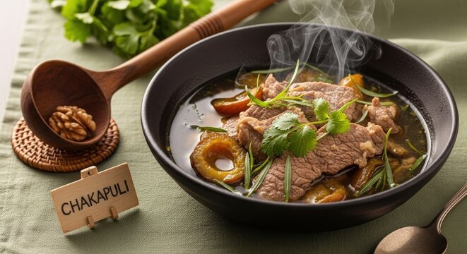 Authentic Georgian Chakapuli Lamb Stew in Ketsi Bowl with Fresh Tarragon and Golden Hour Glow