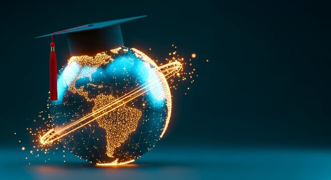 Graduate cap floats above glowing planet Earth. Golden sparks swirl around continents and oceans. Planet spins gently on dark, reflective surface. Stylish composition blends education