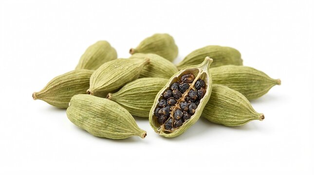 Green cardamom pods and seeds on white background organic indian spice for cooking culinary aromatic