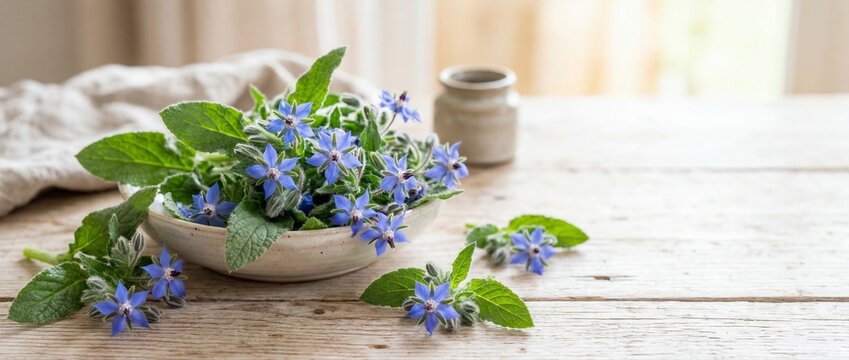 Fresh blue borage flowers in a ceramic bowl on a rustic wooden table. Edible herbs and starflowers for culinary use. Still life of herbal medicine ingredients
