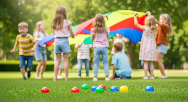 Children play outdoors with a colorful parachute. They laugh and move together on a green lawn. Bright balls lie scattered nearby. Trees frame the sunny, playful scene