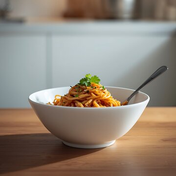 A bowl of maggi noodles with a fork lifting some, on a white background