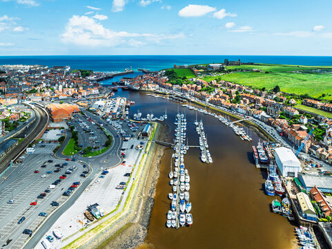 Whitby and River Esk from a drone, North Yorkshire, England