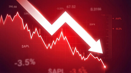 Obraz premium Financial stock market crash representation showing red chart with downward arrow and ticker symbols