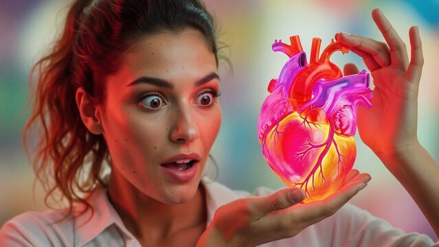 Surprised woman looking at glowing anatomical human heart model. Cardiology and medical science concept. Healthcare and anatomy education