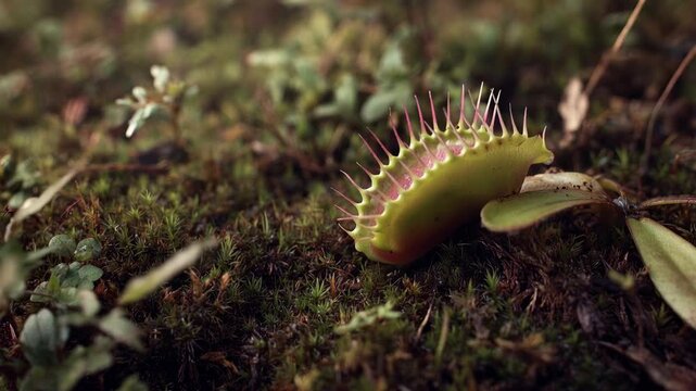 Close-Up of Vibrant Venus Flytrap Resting on Dark Textured Moss in a Serene Natural Setting