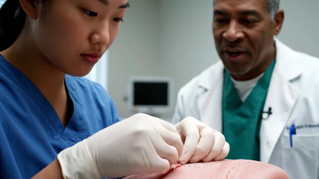 Medical Student Practicing Suturing on a Mannequin with Instructor Supervision.