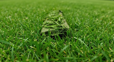 Fototapeta premium Close up of soil aeration core on green lawn. Lawn care and maintenance process. Macro shot of soil plug for turf health