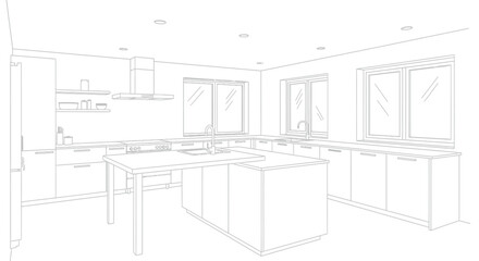 Line drawing of a modern kitchen interior with an island and appliances