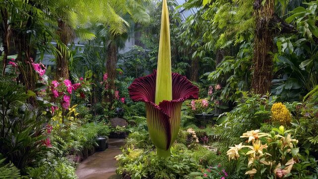Vibrant Tropical Garden Showcasing Rare Amorphophallus Titanum With Striking Maroon Blooms Surrounded By Lush Greenery And Colorful Flowers