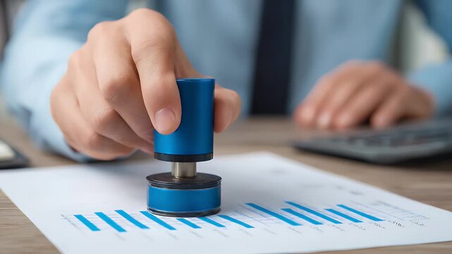 Person stamping a document with a blue stamp at a desk