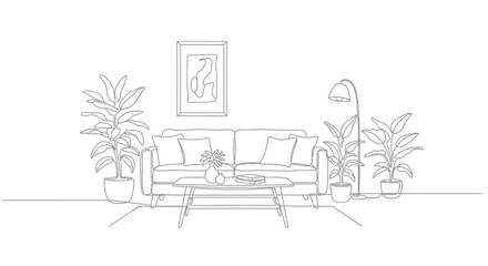 Fototapeta premium Minimalist living room interior with sofa plants and wall art drawing