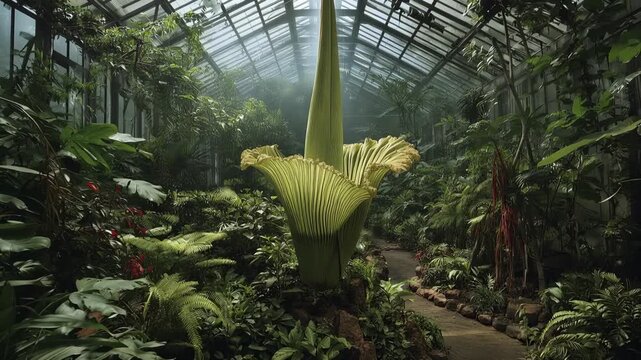 Lush Greenhouse Environment Featuring Striking Titan Arum Plant in Full Bloom Beneath Soft Diffuse Lighting with Vibrant Tropical Flora