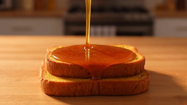 Golden syrup being poured onto a stack of toasted bread slices