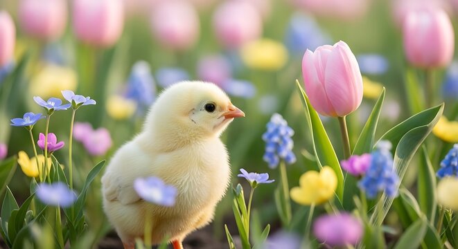 Adorable fluffy yellow baby chick stands curiously among vibrant blooming spring tulips and colorful small wildflowers in a sunny garden setting.