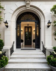 Elegant entrance with black wrought iron door under stone archway and marble steps leading up to an inviting home © mahadewi