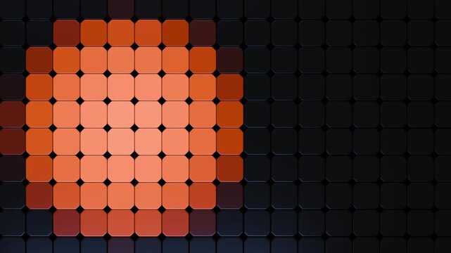 3D render of a modern graphic background. Black tiled background with an animated orange figure. 4K seamless loop.