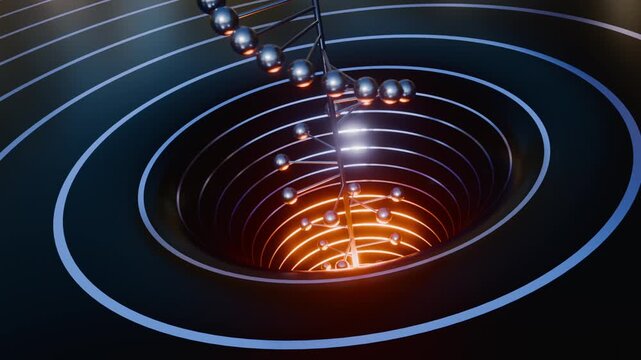 A looping 3D animation of a funnel made of circles with an orange spiral in the center.