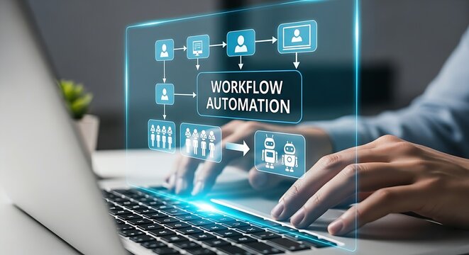 Workflow automation concept. A hand interacts with a holographic flowchart where manual tasks are replaced by bot icons, illustrating business process efficiency and optimization.