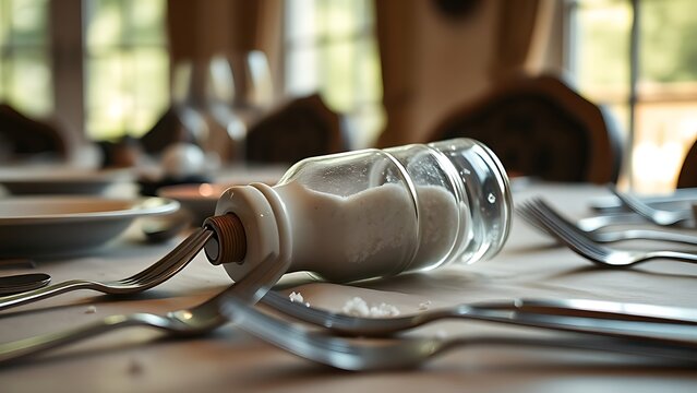 epilogue. An overturned salt shaker on a dining table with scattered utensils in natural window light. menu design, packaging mockups, designed for culinary blogs and recipe cards for restaurants.