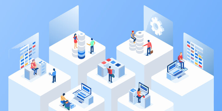 Isometric illustration of people interacting with digital technology and data