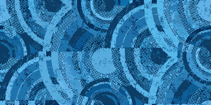 Abstract blue pattern with concentric circles and textured elements