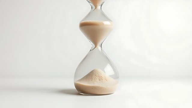 villainy. Hourglass with sand remaining in top chamber, minimalist composition and soft lighting. wellbeing guides, coaching materials, designed for coaching and self-improvement content.