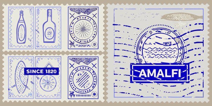 Collection of vintage style postage stamps with aquatic and bottle imagery