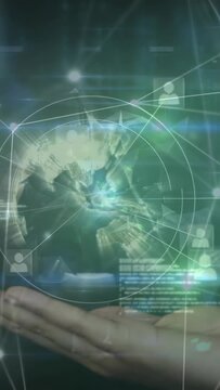Vertical video: Palm settling under circle, globe forming over palm, linking user nodes for tech