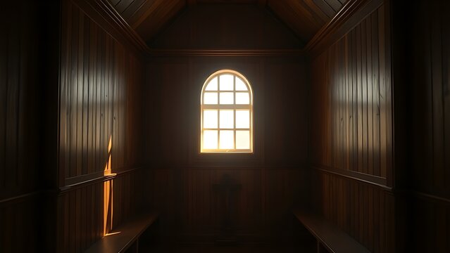 kneeler. The interior of an empty confessional booth with soft light entering through a wooden lattice. event programs, museum guides, designed for cultural heritage projects and event programs.