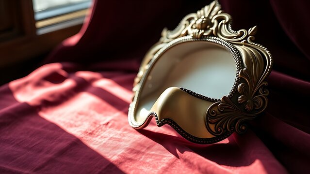 amrit. Ornate Venetian mask resting on dark velvet fabric, soft light highlighting its decorative details. event programs, museum guides, designed for cultural heritage projects and event programs.