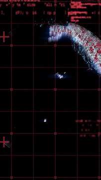 Vertical video: Point-cloud globe rotating, glitch code causing breakup and reforming to show data