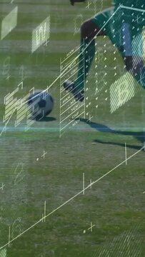Vertical video: Green forward taking short touch, dribbling on pitch with sports HUD, holding ball