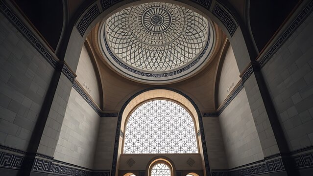 squinch. Islamic architectural interior with geometric patterns under a dome, soft ambient light. real-estate listings.