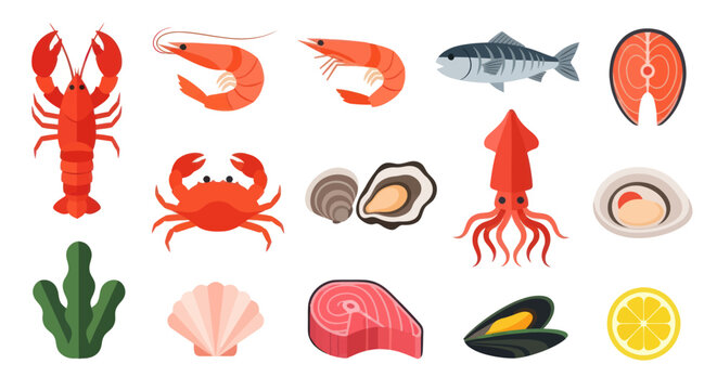 Seafood assortment lobster shrimp fish and shellfish