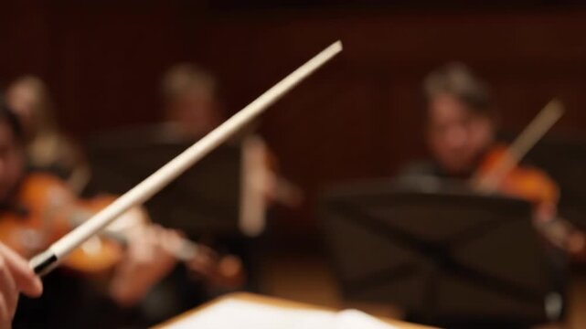 Orchestra conductors baton leads musicians in a classical music performance.