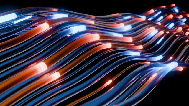 Animated glowing orange and blue neon lines. 3D virtual flow of multicolored tape.