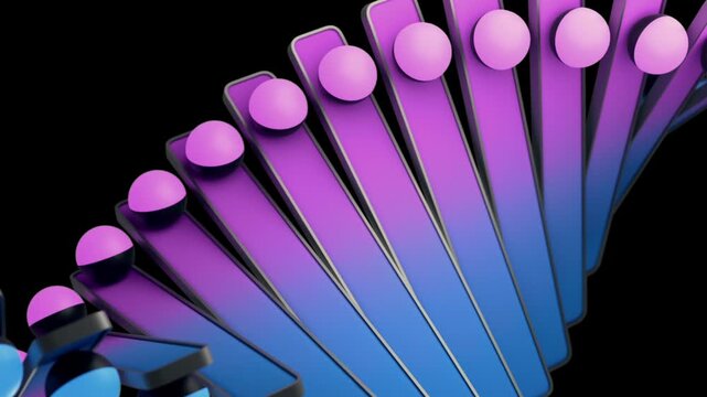 A looping 3D animation of a digital background with rotating neon stripes and rolling balls.