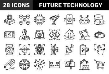 Fototapeta premium Artificial intelligence and digital future technology elements for web interfaces. Technical monoline pictograms featuring robotics and automation.
