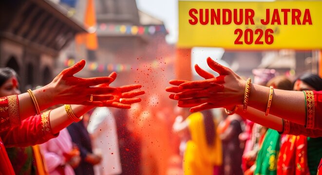 Sundur jatra 2026 festival celebration with red powder on hands neon