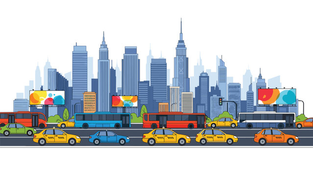 Busy city landscape with tall skyscrapers and heavy traffic including yellow taxis and red buses on a wide urban road.
