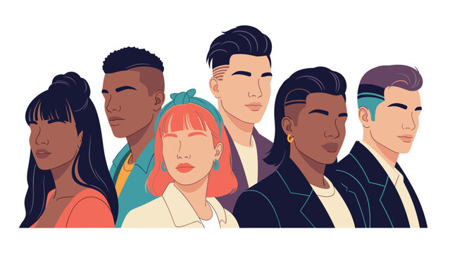 Group of diverse and stylish young people standing together representing multiculturalism and modern youth fashion.
