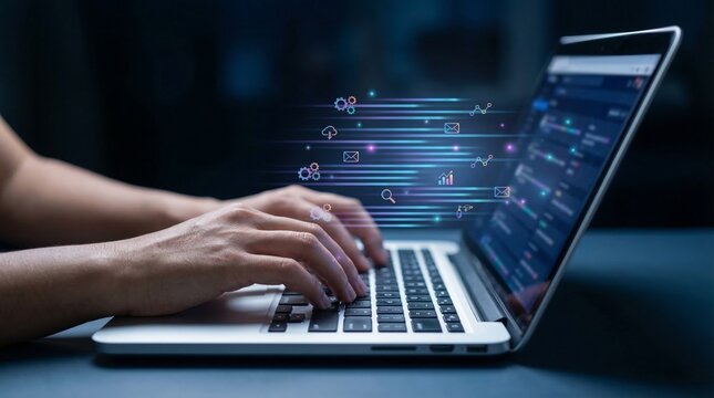 Person typing on a laptop with data streams and digital icons