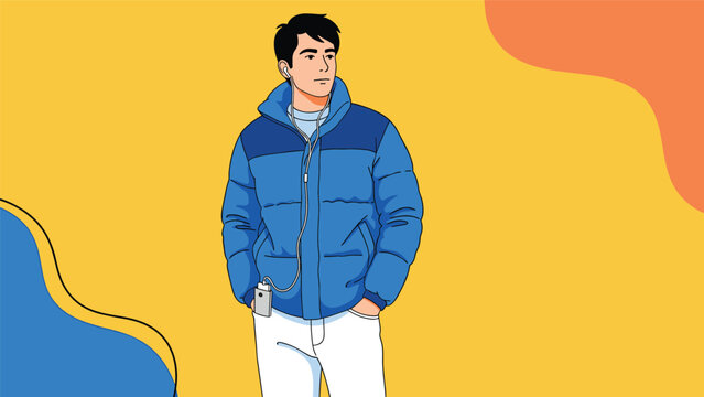 Young man with dark hair wearing a blue puffer jacket and listening to music through earphones against a colorful background.
