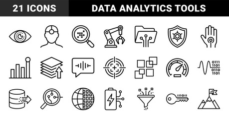 Fototapeta premium Data analytics and artificial intelligence technical monoline elements for digital infrastructure. Bold geometric pictograms for cybersecurity and cloud processing.