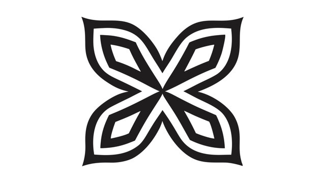 Abstract geometric leaf Black and white symmetrical four petal knot pattern with thick curved lines monochrome