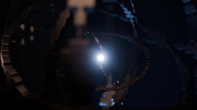 Abstract futuristic rotating gyroscope on a dark background. Seamless animation.