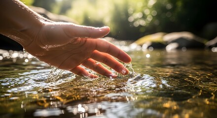 Close Up Of A Human Hand Reaching Into A Shallow, Sunlit Stream With Ripples And Reflection In Serene Nature