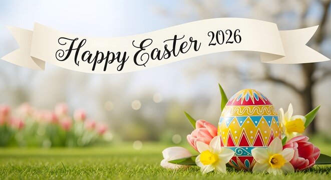 Happy easter 2026 banner over a beautiful spring field with easter egg