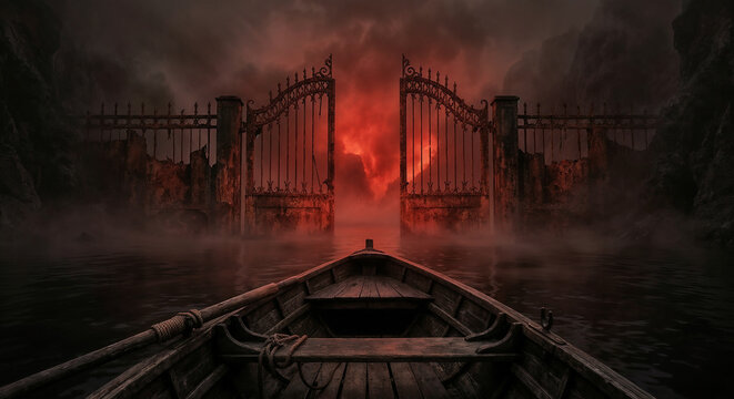 Infernal Journey: A symbolic illustration of Dante's quote: "Abandon all hope, ye who enter here." with ancient gates and a lone boat on dark water
